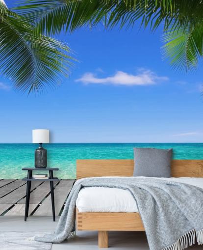 carta da parati murale blu tropicale chiamata Tropical Deck View at Wallsauce per camere da letto, bagni e uffici