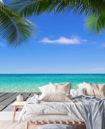 blaues tropisches Tapeten-Wandbild namens Tropical Deck View at Wallsauce für Schlafzimmer, Badezimmer und Büros