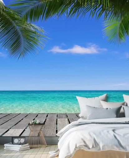 blue tropical wallpaper mural called Tropical Deck View at Wallsauce for bedrooms, bathrooms and offices