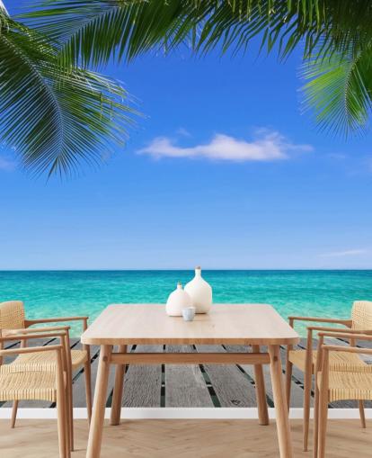 mural de papel pintado tropical azul llamado Tropical Deck View at Wallsauce para dormitorios, baños y oficinas