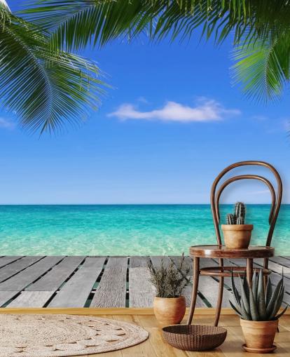 blått tropisk tapetmaleri kalt Tropical Deck View på Wallsauce for soverom, bad og kontorer