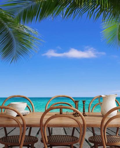 blue tropical wallpaper mural called Tropical Deck View at Wallsauce for bedrooms, bathrooms and offices