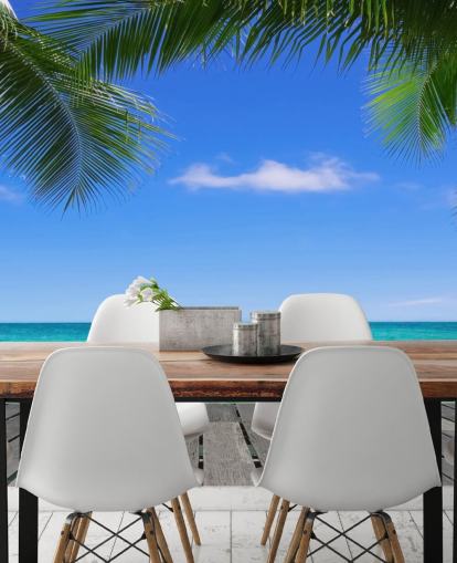 mural de papel de parede tropical azul chamado Tropical Deck View at Wallsauce para quartos, banheiros e escritórios