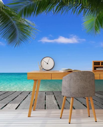 blått tropisk tapetmaleri kalt Tropical Deck View på Wallsauce for soverom, bad og kontorer blått tropisk tapetmaleri kalt Tropical Deck View på Wallsauce for soverom, bad og kontorer