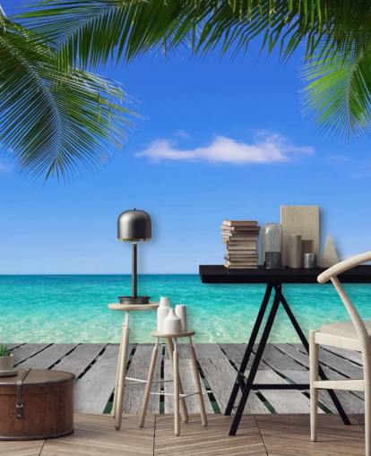 blue tropical wallpaper mural called Tropical Deck View at Wallsauce for bedrooms, bathrooms and offices