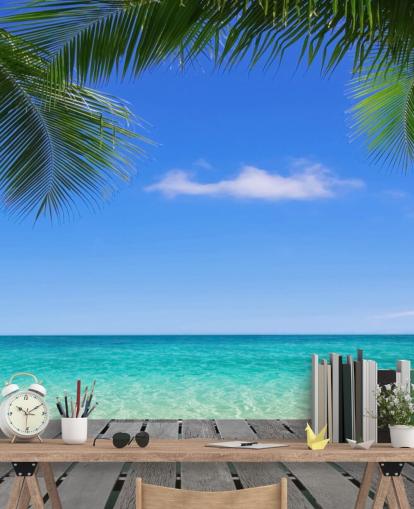 blue tropical wallpaper mural called Tropical Deck View at Wallsauce for bedrooms, bathrooms and offices