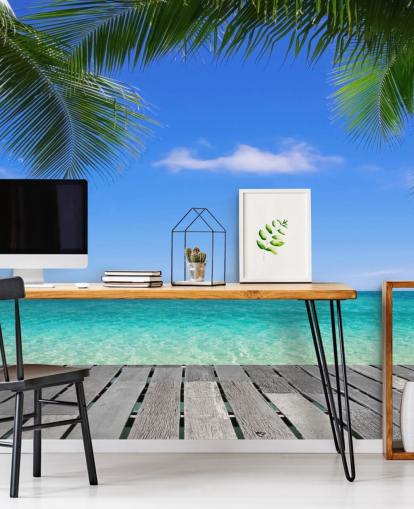 blue tropical wallpaper mural called Tropical Deck View at Wallsauce for bedrooms, bathrooms and offices