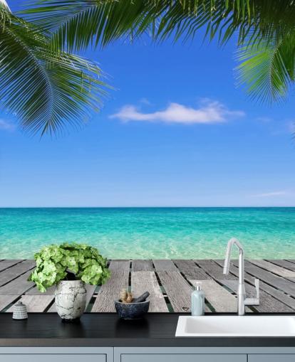 sininen trooppinen taustakuvamaalaus nimeltä Tropical Deck View Wallsaucessa makuuhuoneisiin, kylpyhuoneisiin ja toimistoihin