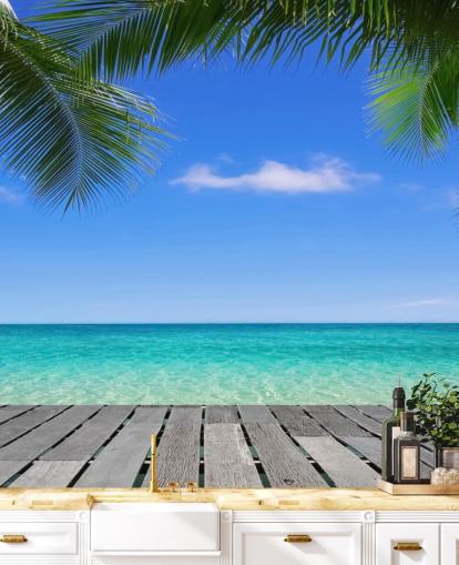 blue tropical wallpaper mural called Tropical Deck View at Wallsauce for bedrooms, bathrooms and offices