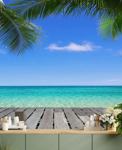 sininen trooppinen taustakuvamaalaus nimeltä Tropical Deck View Wallsaucessa makuuhuoneisiin, kylpyhuoneisiin ja toimistoihin