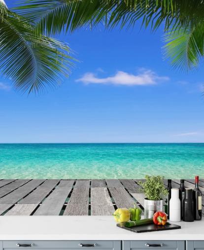 blue tropical wallpaper mural called Tropical Deck View at Wallsauce for bedrooms, bathrooms and offices