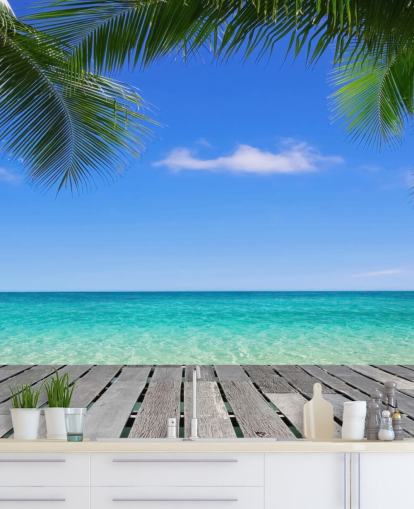 blå tropisk tapetmaleri kaldet Tropical Deck View på Wallsauce til soveværelser, badeværelser og kontorer