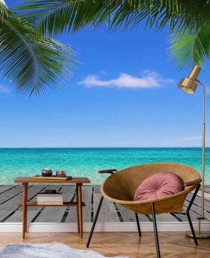 blue tropical wallpaper mural called Tropical Deck View at Wallsauce for bedrooms, bathrooms and offices