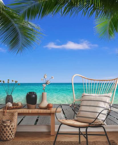 blue tropical wallpaper mural called Tropical Deck View at Wallsauce for bedrooms, bathrooms and offices
