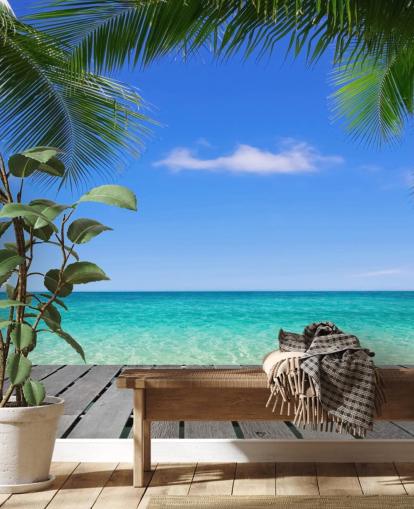 blue tropical wallpaper mural called Tropical Deck View at Wallsauce for bedrooms, bathrooms and offices