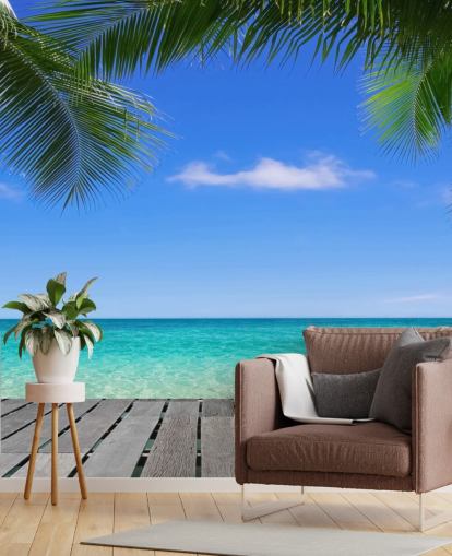 blauwe tropische behangmuurschildering genaamd Tropical Deck View at Wallsauce voor slaapkamers, badkamers en kantoren blauwe tropische behangmuurschildering genaamd Tropical Deck View at Wallsauce voor slaapkamers, badkamers en kantoren