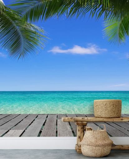 blue tropical wallpaper mural called Tropical Deck View at Wallsauce for bedrooms, bathrooms and offices
