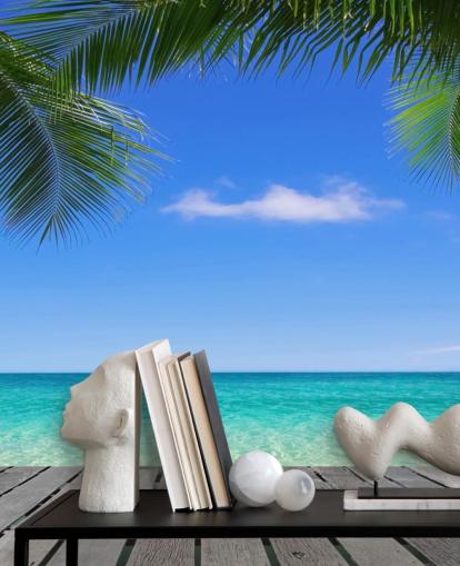 sininen trooppinen taustakuvamaalaus nimeltä Tropical Deck View Wallsaucessa makuuhuoneisiin, kylpyhuoneisiin ja toimistoihin