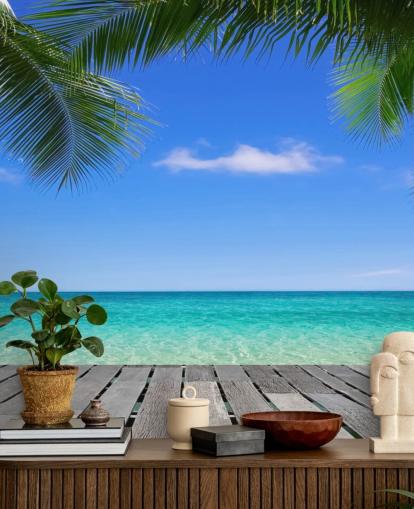 blått tropisk tapetmaleri kalt Tropical Deck View på Wallsauce for soverom, bad og kontorer