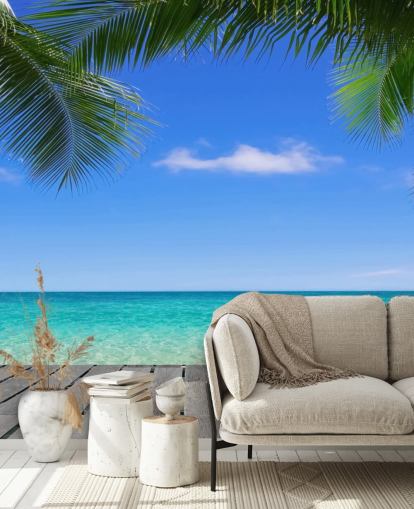 papier peint mural tropical bleu appelé Tropical Deck View at Wallsauce pour les chambres, les salles de bain et les bureaux