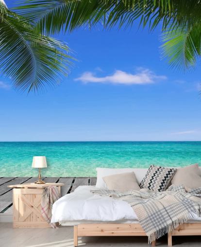 blue tropical wallpaper mural called Tropical Deck View at Wallsauce for bedrooms, bathrooms and offices