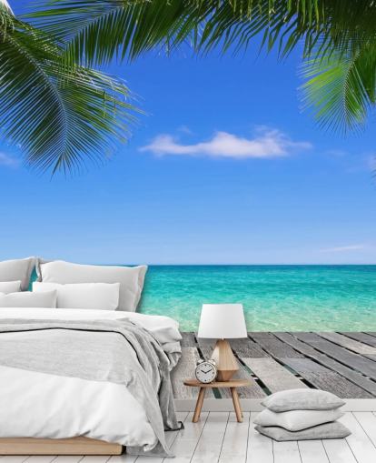 carta da parati murale blu tropicale chiamata Tropical Deck View at Wallsauce per camere da letto, bagni e uffici