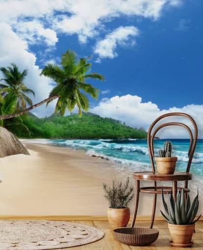 op maat gemaakt tropisch strandbehang genaamd Mahe Island Beach, Seychellen voor kantoren en keukens