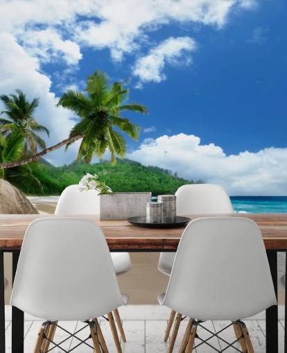 papel pintado de playa tropical personalizado llamado Mahe Island Beach, Seychelles para oficinas y cocinas