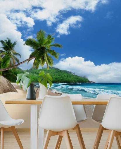 papel de parede de praia tropical personalizado chamado Mahe Island Beach, Seychelles para escritórios e cozinhas