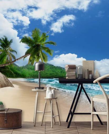 papel de parede de praia tropical personalizado chamado Mahe Island Beach, Seychelles para escritórios e cozinhas