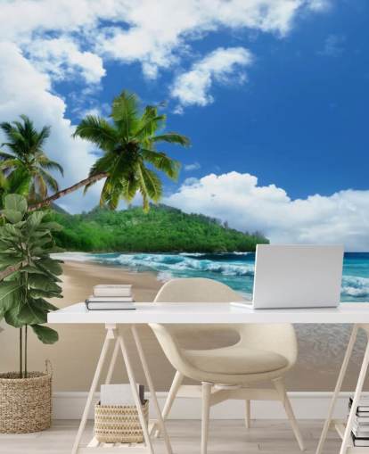 carta da parati personalizzata da spiaggia tropicale chiamata Mahe Island Beach, Seychelles per uffici e cucine