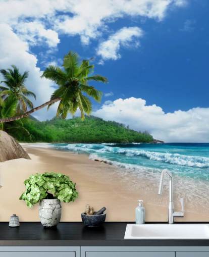 custom tropical beach wallpaper called Mahe Island Beach, Seychelles for offices and kitchens