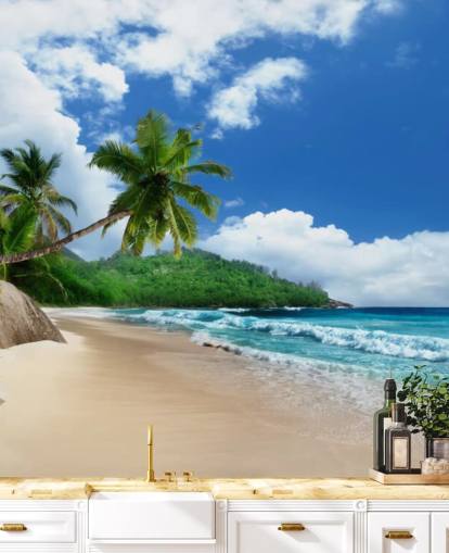 papel pintado de playa tropical personalizado llamado Mahe Island Beach, Seychelles para oficinas y cocinas