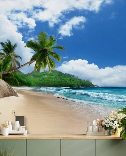 papel pintado de playa tropical personalizado llamado Mahe Island Beach, Seychelles para oficinas y cocinas