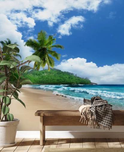 papel pintado de playa tropical personalizado llamado Mahe Island Beach, Seychelles para oficinas y cocinas