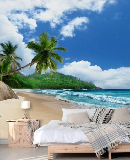 papier peint de plage tropicale personnalisé appelé Mahé Island Beach, Seychelles pour les bureaux et les cuisines
