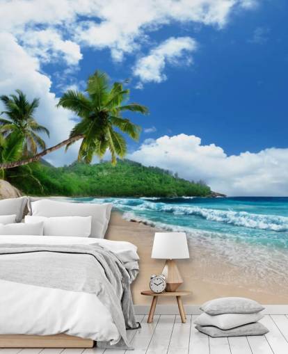 papel pintado de playa tropical personalizado llamado Mahe Island Beach, Seychelles para oficinas y cocinas