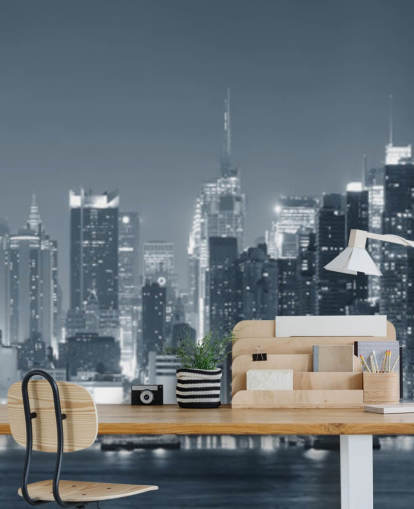 mustavalkoinen New Yorkin kaupungin taustakuvamaalaus nimeltä Manhattan Black & White Panoramic olohuoneisiin, makuuhuoneisiin ja toimistoihin