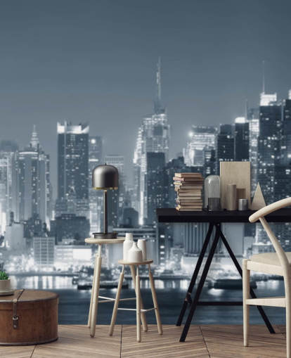 mural de papel de parede preto e branco da cidade de Nova York chamado Manhattan Black & White Panoramic para salas de estar, quartos e escritórios