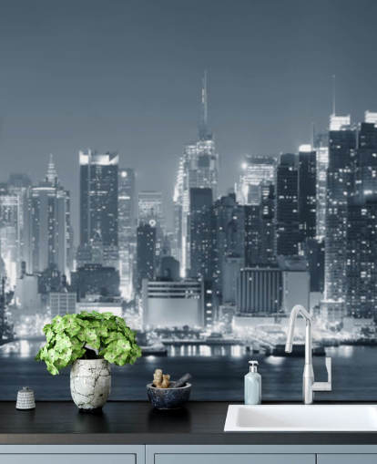 svart og hvitt new york city tapetmaleri kalt Manhattan Black & White Panoramic for stuer, soverom og kontorer