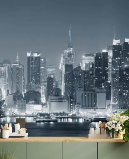 mural de papel pintado en blanco y negro de la ciudad de Nueva York llamado Manhattan Black & White Panoramic para salas de estar, dormitorios y oficinas