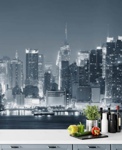 black and white new york city wallpaper mural called Manhattan Black & White Panoramic for living rooms, bedrooms and offices