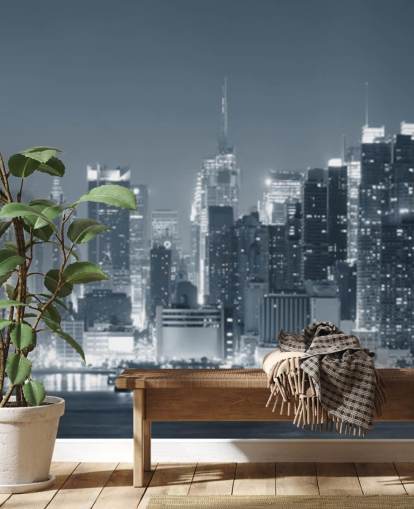 mural de papel pintado en blanco y negro de la ciudad de Nueva York llamado Manhattan Black & White Panoramic para salas de estar, dormitorios y oficinas