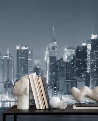 mural de papel pintado en blanco y negro de la ciudad de Nueva York llamado Manhattan Black & White Panoramic para salas de estar, dormitorios y oficinas