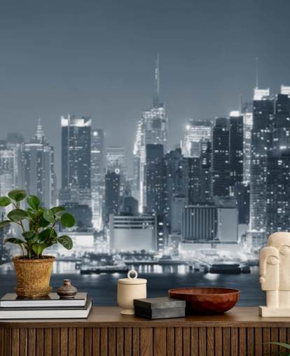 mustavalkoinen New Yorkin kaupungin taustakuvamaalaus nimeltä Manhattan Black & White Panoramic olohuoneisiin, makuuhuoneisiin ja toimistoihin