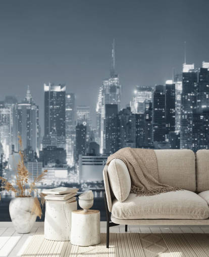 mural de papel pintado en blanco y negro de la ciudad de Nueva York llamado Manhattan Black & White Panoramic para salas de estar, dormitorios y oficinas