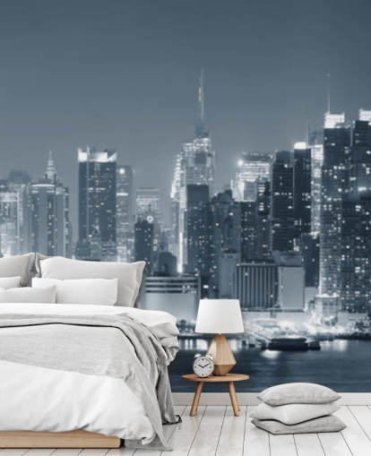 black and white new york city wallpaper mural called Manhattan Black & White Panoramic for living rooms, bedrooms and offices