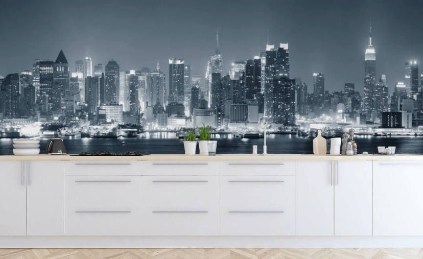 mural de papel pintado en blanco y negro de la ciudad de Nueva York llamado Manhattan Black & White Panoramic para salas de estar, dormitorios y oficinas