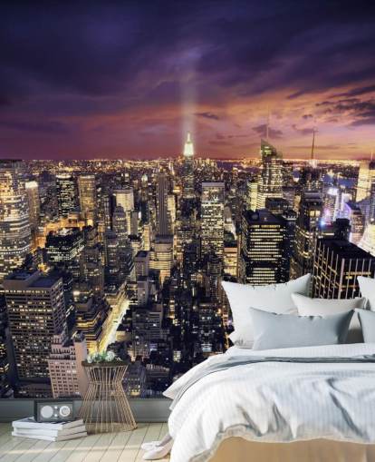 mural oscuro del horizonte de Nueva York llamado Rascacielos de Nueva York para dormitorios y salas de estar