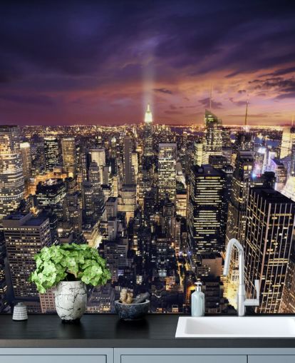 mural oscuro del horizonte de Nueva York llamado Rascacielos de Nueva York para dormitorios y salas de estar